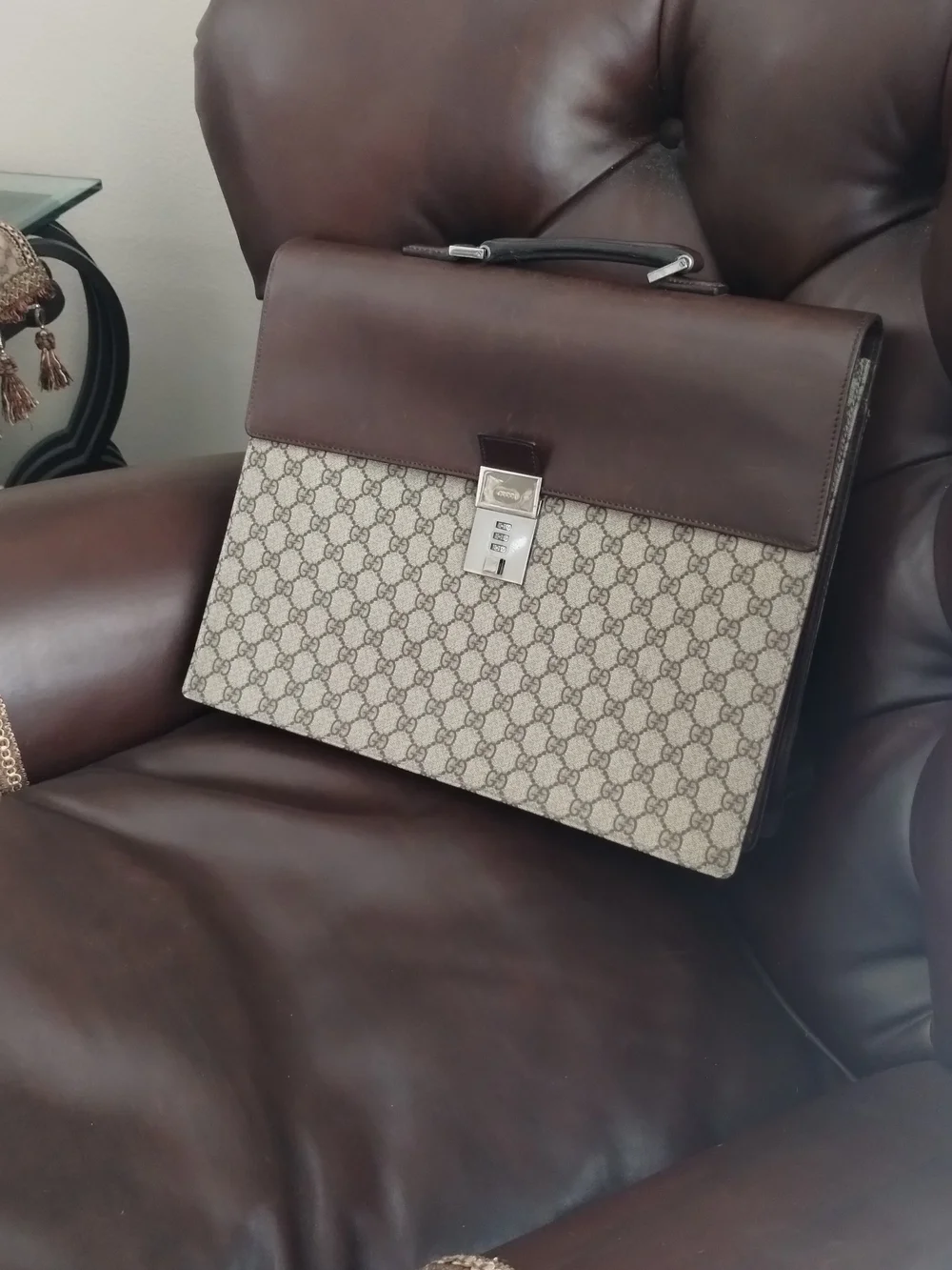 Gucci Brown Leather & Beige GG Monogram Briefcase